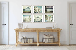 Lisa Russo Fine Art Farmhouse Decor Blue Shabby Chic Barns and Florals Art Prints - Set of 6
