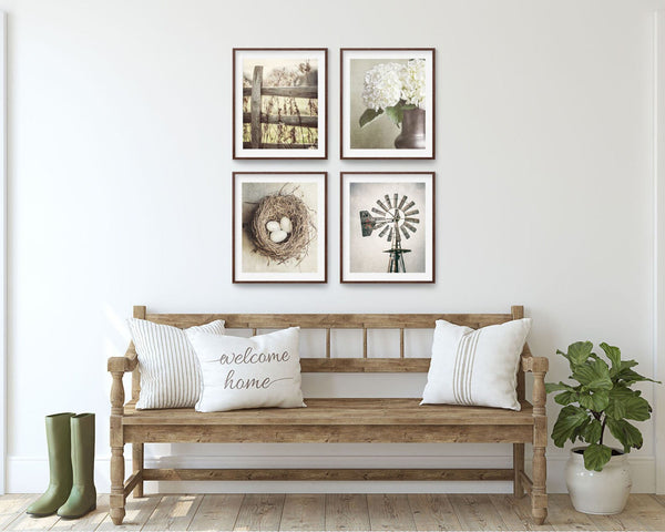 Farmhouse Wall Art Set - Cottage Style Fence, Bird's Nest Flowers and Windmill