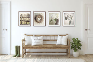 Farmhouse Wall Art Set - Cottage Style Fence, Bird's Nest Flowers and Windmill