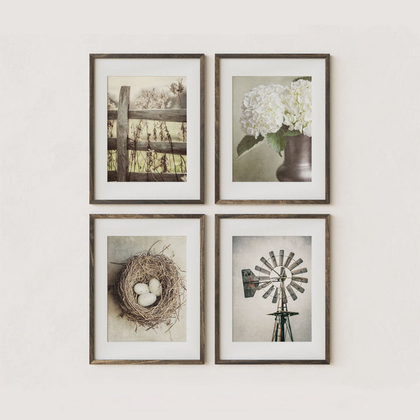 Farmhouse Wall Art Set - Cottage Style Fence, Bird's Nest Flowers and Windmill
