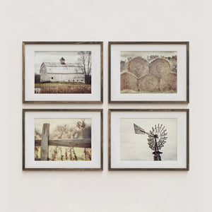 Farmhouse Art Prints Set - Rustic Black and White Barn Landscape, Windmill, Hay and Fence