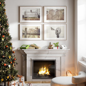 Farmhouse Art Prints Set - Rustic Black and White Barn Landscape, Windmill, Hay and Fence