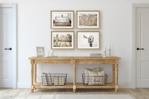 Farmhouse Art Prints Set - Rustic Neutral Beige Barn Landscape, Windmill, Hay and Fence
