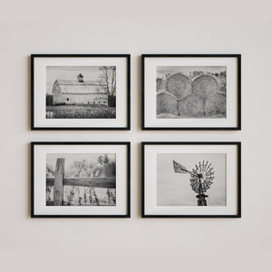 Farmhouse Art Prints Set - Rustic Neutral Beige Barn Landscape, Windmill, Hay and Fence
