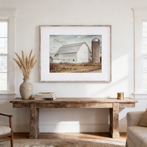 Lisa Russo Fine Art Farmhouse Decor Country White Barn with Silo - Fall Landscape Print
