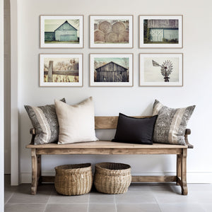 Lisa Russo Fine Art Farmhouse Decor Farmhouse Art Print Set - Aqua Blue and Beige Barn Hay and Windmill -  6 Piece Set