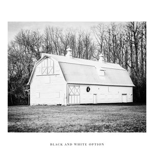 The image is a set of four framed photographs depicting various white barns.