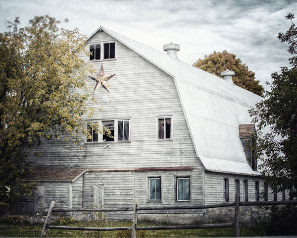Gold Star Barn Landscape Print - White, Grey Rustic Art