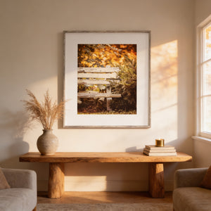 Lisa Russo Fine Art Farmhouse Decor Golden Fall Trees with Weathered White Bench Art Print