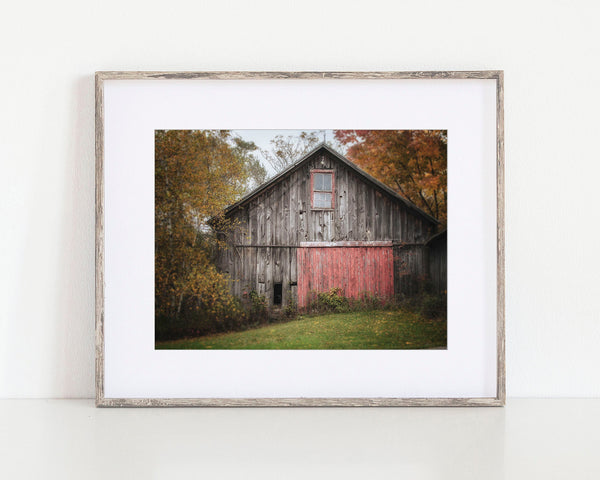 Autumn Farmhouse Wall Art Print - Grey Barn in Fall Landscape