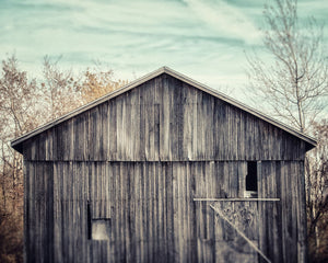 Grey and Aqua Barn Landscape Print - Rustic Home Decor