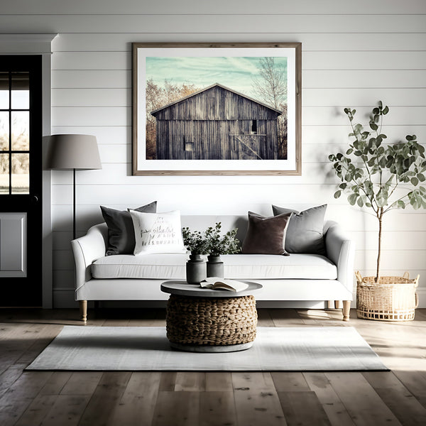 Lisa Russo Fine Art Farmhouse Decor Grey Vintage Barn with a Soft Aqua Sky
