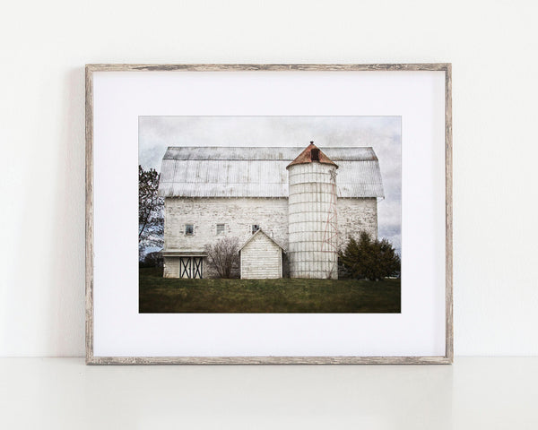 Farmhouse White Barn with Silo Landscape Photo Print