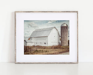 A set of six framed pictures depicting various farm scenes, including silos, windmills, and barns.