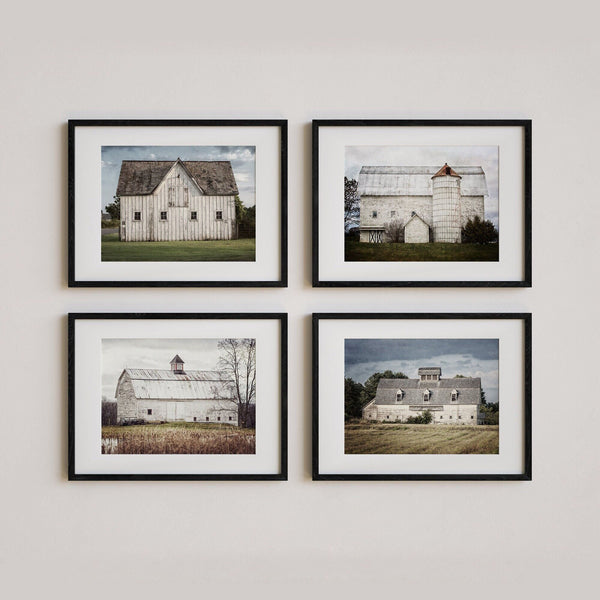 White Barn Landscapes Art Prints Set - Home Decor Set of 4