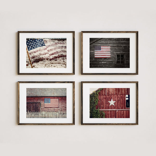 Patriotic Red Barns Art Prints - Set of 4 - Americana USA Decor