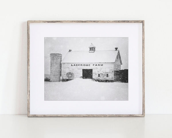 Peaceful Winter White Barn in the Snow | Black and White