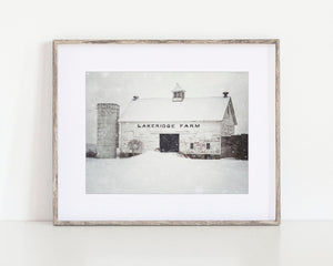 Peaceful Winter White Barn Print - Snowy Black and White Landscape Art