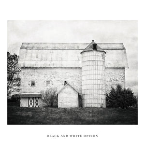 The image is a set of six framed pictures depicting various farm buildings, including barns and silos, arranged in a grid on a wall.