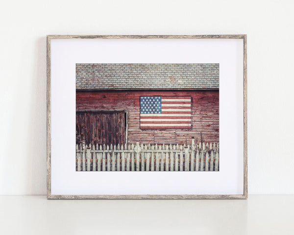 Red Americana Barn Print with American Flag