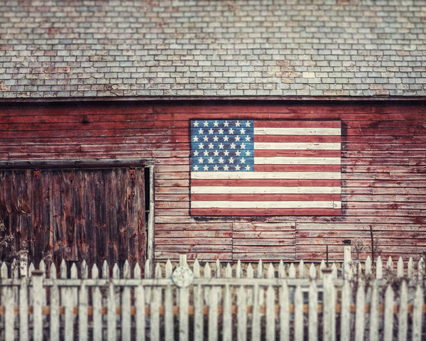 Red Americana Barn Print with American Flag