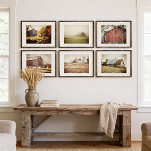 Lisa Russo Fine Art Farmhouse Decor Red and Gold Autumn Barn Landscapes - Vintage Style - Set of 6 Art Prints