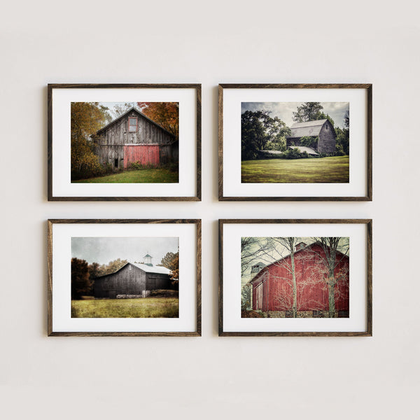 Barn Art Prints - Set of 4 in Red and Grey - Rustic Country Style Decor
