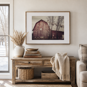 Lisa Russo Fine Art Farmhouse Decor Red Barn Winter Print | Rustic Pennsylvania Farmhouse Wall Art
