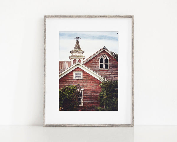 Red Barn with Weathervane Art Print - Rustic Farmhouse Decor