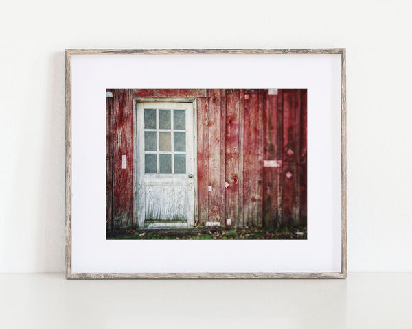 Red Barn with White Door Art Print - Farmhouse Decor