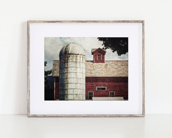 Farmhouse Red Barn Print with White Silo - Rustic Home Decor Landscape