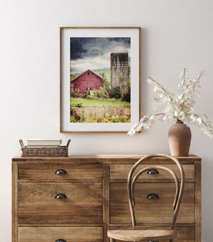 Fall Landscape Print Red Barn with Silo - Rustic Home Decor