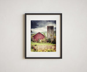 Fall Landscape Print Red Barn with Silo - Rustic Home Decor