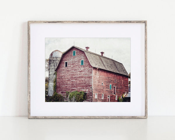 Red Tall Barn Landscape Art Print - Rustic Home Decor
