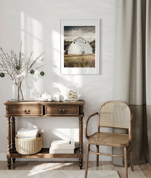 Farmhouse Landscape Art Print - White Barn on Cloudy Day