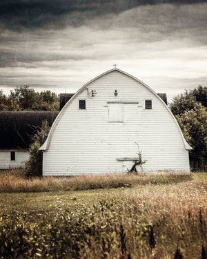 Farmhouse Landscape Art Print - White Barn on Cloudy Day