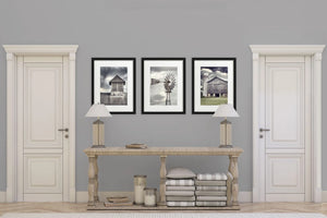 Lisa Russo Fine Art Farmhouse Decor Rustic Grey and Green Art Prints - Set of 3 Barns and Windmill