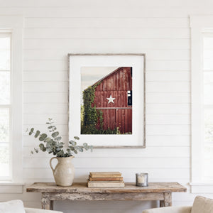 Lisa Russo Fine Art Farmhouse Decor Rustic Red Barn Art Print with Primitive White Star and Ivy