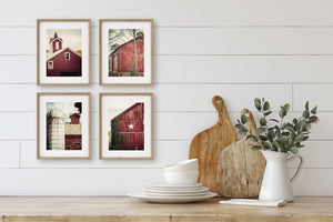 Set of 4 Vertical Red Barn Landscape Art Prints for Rustic Home Decor