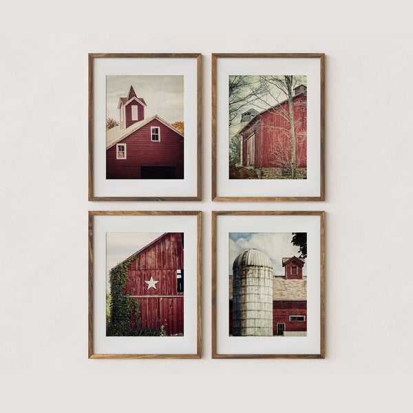 Set of 4 Vertical Red Barn Landscape Art Prints for Rustic Home Decor
