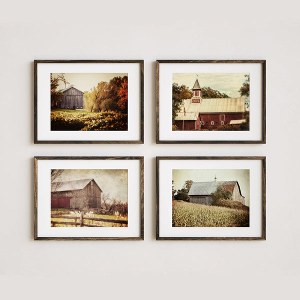 Vintage Red and Gold Autumn Barns | Art Prints Set of 4