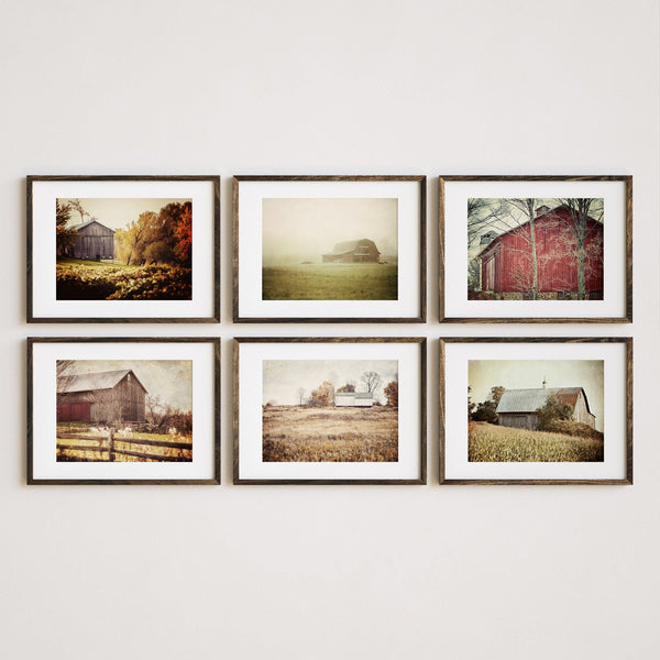 Red and Gold Autumn Barn Landscapes - Vintage Style - Set of 6 Art Prints
