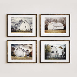 Top Left Image:
Weathered white barn under a cloudy sky in a rural field, rustic farmhouse wall art.

Top Right Image:
White gambrel barn in winter trees, minimalist countryside photography for rustic decor.

Bottom Left Image:
Classic white barn with attached silo on a hill at sunset, farmhouse country wall art print.

Bottom Right Image:
Old wooden barn with faded paint and star decoration, rustic country-style home decor.
