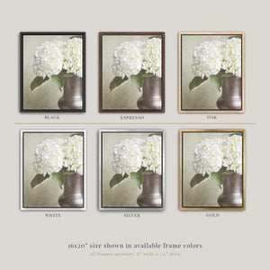 Lisa Russo Fine Art Framed Canvas Framed Canvas | White Hydrangea Floral Wall Art in Vase