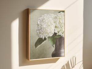 Lisa Russo Fine Art Framed Canvas Framed Canvas | White Hydrangea Floral Wall Art in Vase