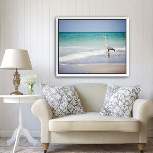 Lisa Russo Fine Art Framed Canvas Great Blue Heron at the Shore – Framed Coastal Canvas Wall Art