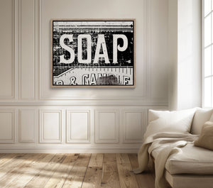 Lisa Russo Fine Art Framed Canvas Vintage Soap Advertisement | Black and White Bathroom or Laundry Room Wall Art