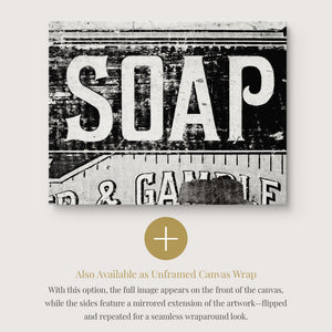 Lisa Russo Fine Art Framed Canvas Vintage Soap Advertisement | Black and White Bathroom or Laundry Room Wall Art