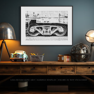 Lisa Russo Fine Art Industrial Railway Bogie | Industrial Black and White Railfan Decor