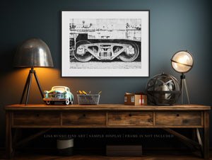 Lisa Russo Fine Art Industrial Railway Bogie | Industrial Black and White Railfan Decor